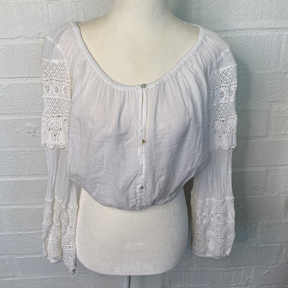 LoveShackFancy Crochet Ballon Sleeve Bohemian White Cotton Crop Top size XS - Picture 1 of 9